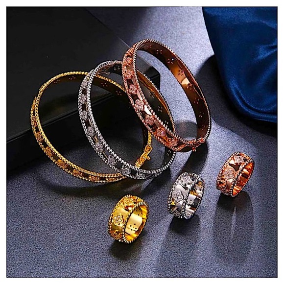 Platinum Four Leaf Clover Bangle Bracelet Matching Ring Set - Picture 6 of 9